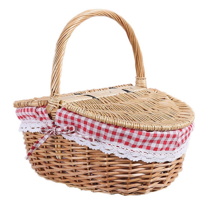Country Style Wicker Picnic Basket Hamper with Lid and Handle &amp; Liners for Picnics, Parties, Wedding and BBQs: Default Title