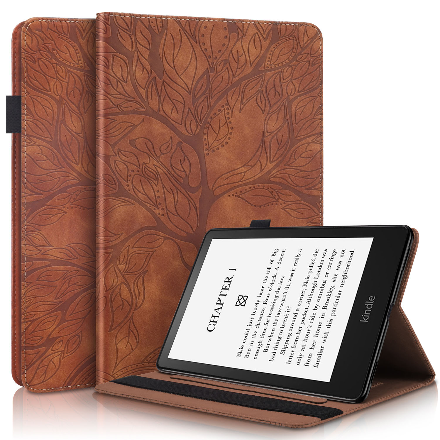 hoesje voor Kindle Paperwhite 2024 hoesje 7 inch 3D boom reliëf folio flip flip stand TPU eBook hoesje: Bruin