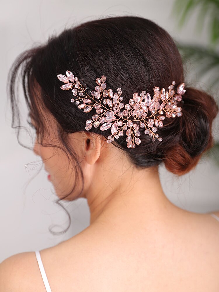 Tiara de novia, diadema de boda, tocado rosa, diadema dorada, tocado de Accesorios nupciales para el cabello para mujer