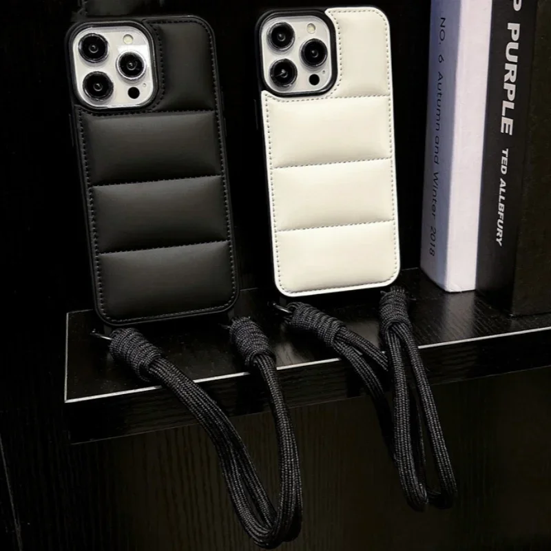 Ædel silikone med snor i dunjakke i ensfarvet blødt cover til iphone 16 15 plus 14 13 12 pro max 11 bærbart cover med kort reb