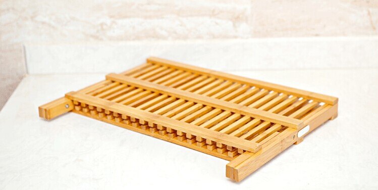 Lsj bambus folde tallerkenstativ dobbeltlags tallerkenafløb til køkkenfade køkkenredskaber tilbehør