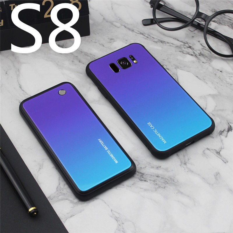 Slim Gradient Tempered glass Magnetic Wireless charger Case For Samsung Galaxy S8 S9 Plus Power Bank Battery Charging Case Cover: S8-Purple