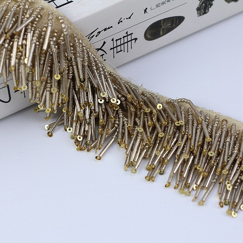 Adornos de flecos con cuentas de lentejuelas tessel para ropa, bolsos, apliques con cuentas parche para coser manualidades, accesorios para cortina, 1 yarda