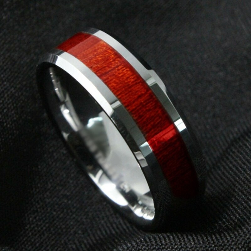 8mm Men Rings Red Wood Stainless Steel Rings Simple Classic Wedding Rings For Men Jewelry Anniversary Christmas