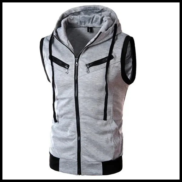 Men's Sleeveless Hoodies Casual Zipper Hooded Sweatshirt Men Bodybuilding Tank Top Sporting Shirt Waistcoat Vest: M / GRAY