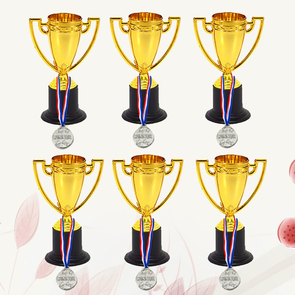 12pcs Mini Gold Cups Trophy and Award Medals Prizes Small Medals Awards Trophy Toys for Students Sport(6pcs Trophie