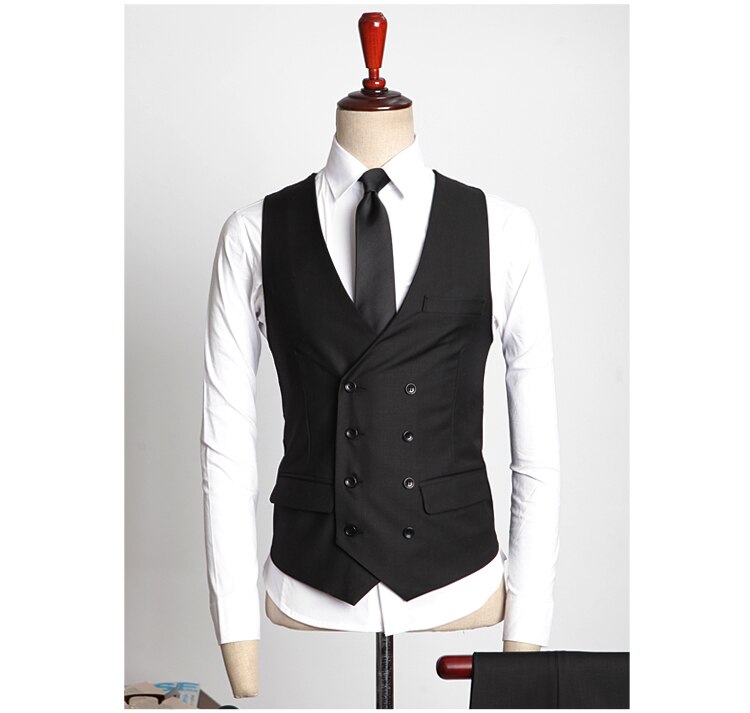 Mens suit vest Slim fit waistcoat black navy vest double breast chaleco hombre traje mens dress waistcoats button vest formal: Black / L