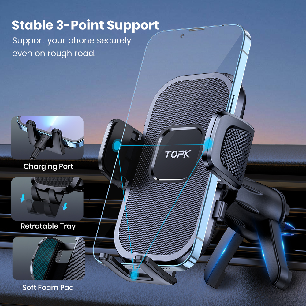 Suporte de telefone para carro TOPK para ventilação de carro [clipe de metal atualizado] berço mãos livres no suporte de veículo adequado para celular e automóvel