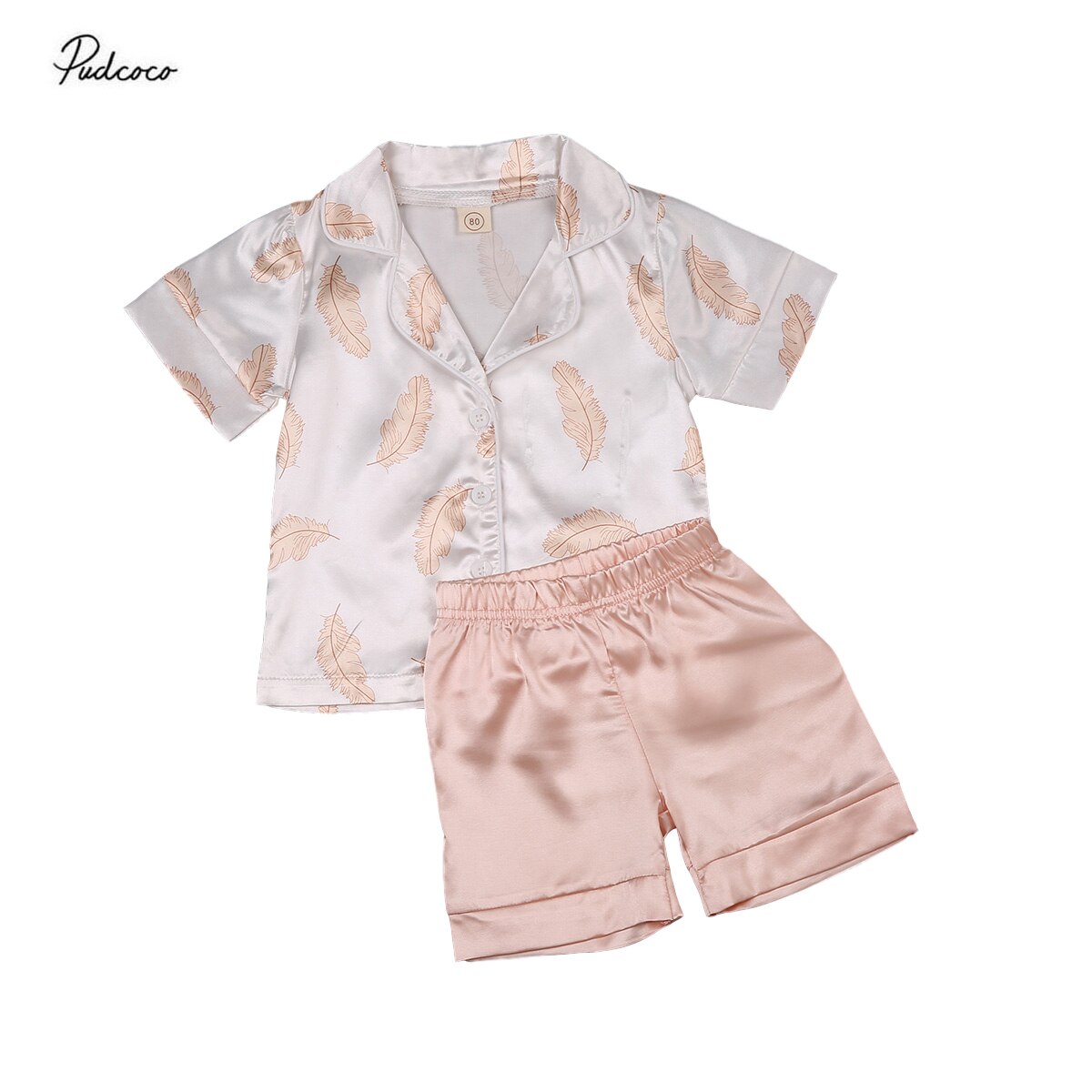 Børn pyjamasæt baby drenge piger silke pyjamas nattøj outfit tøj solid fjer print skjorte + bukser nattøj sæt 2 stk 1-6y