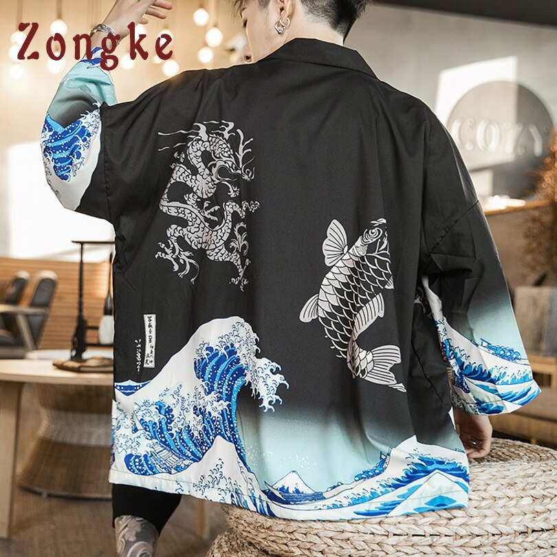 Zongke Golven Zwart Kimono Mannen Japanse Kimono Vest Harajuku Kimono Shirt Mannen Streetwear Hawaiian Shirt Mannen 5XL