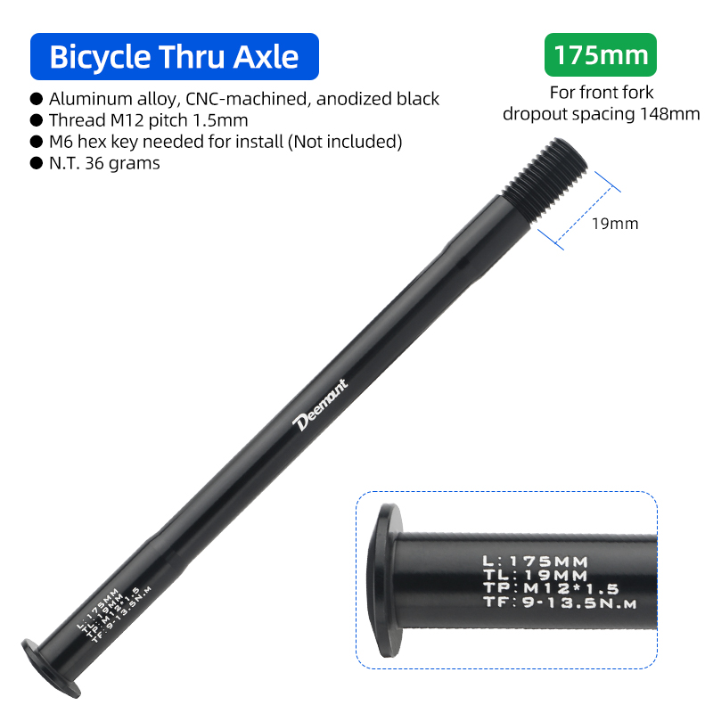 Lightweight Thru Axles M12*P1.5 L120-181mm for Bike Front Rear Fork Dropout Spacing 100/142/148mm CNC-machined Hub Through Shaft: black