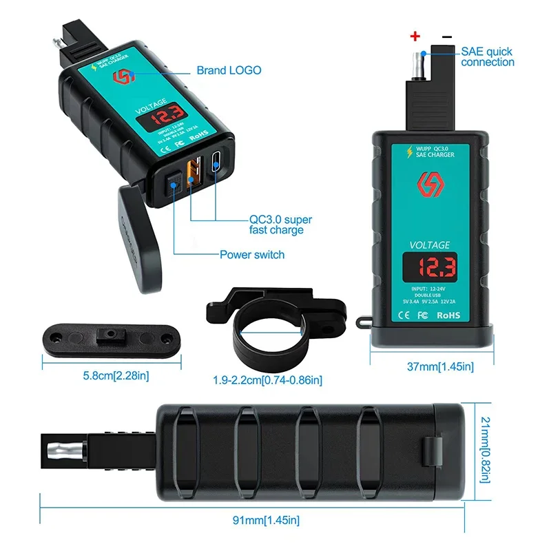 12V USB Motorcycle Charger Waterproof Switch With Voltmeter Fast Charging Adapter SAE To USB Type-C Socket Motorbike Accessories