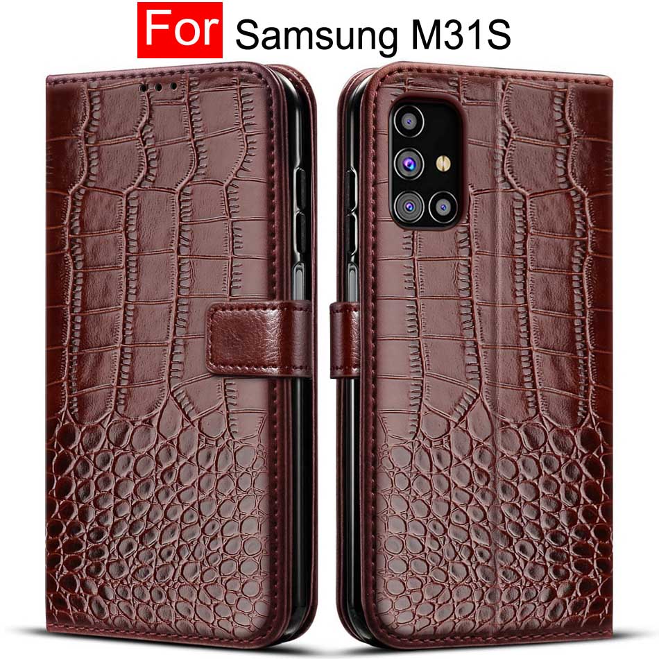 Coque à rabat en cuir pour Samsung, compatible modèles Galaxy M31s, M317F,: Deep Brown