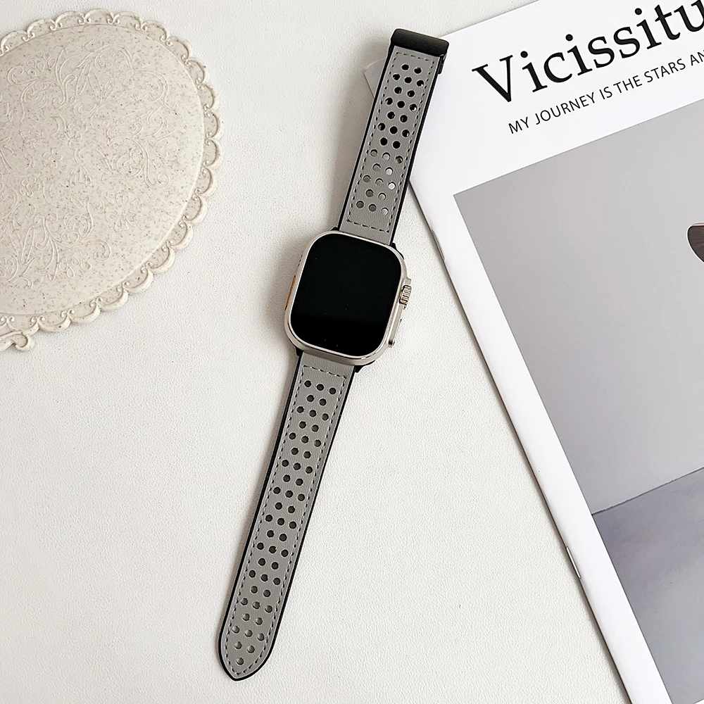 Magnetische band voor Apple Watch 10 Ultra 9 8 7 6 5 4 3 SE Ademende siliconen lederen band iWatch 49 mm 46 mm 42 45 41 mm 44 mm 40 mm: Blue pink / 14mm