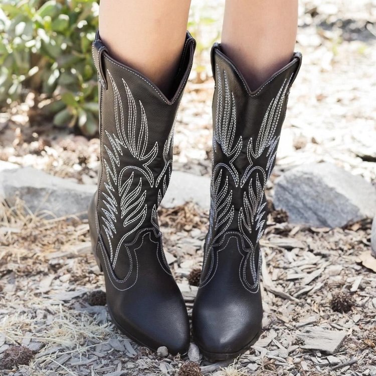 Classic Geborduurde Western Cowboy Laarzen Voor Vrouwen Lederen Cowgirl Laarzen Lage Hakken Schoenen Knie Hoge Vrouw Laarzen