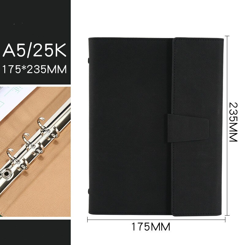 A5 Clipboard Folder Padfolio Business Leather Organizer School Office Organizer 6 Ring Binder Manager Writing Pads Portfolio: Black
