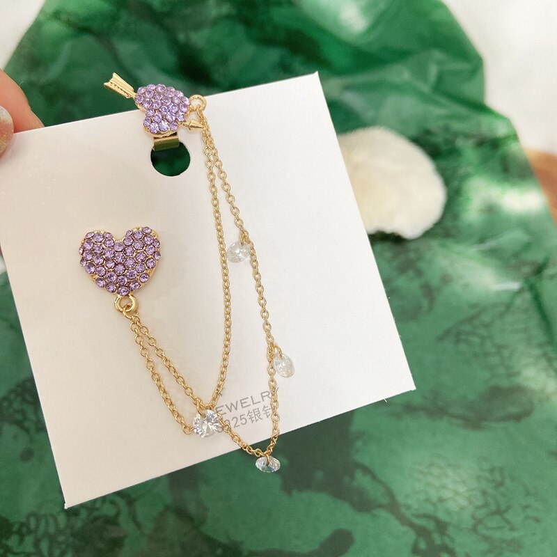 Mengjiqiao coreano elegante brilhante strass amor coração longo chian gota brincos para as meninas 2 em 1 pendientes doce jóias: purple