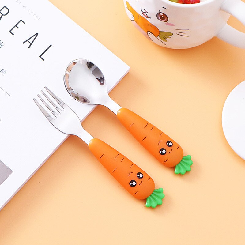Baby Gadgets Tableware Children Utensil Stainless Steel Toddler Dinnerware Cutlery Cartoon Carrot Baby Gadgets Feedkid