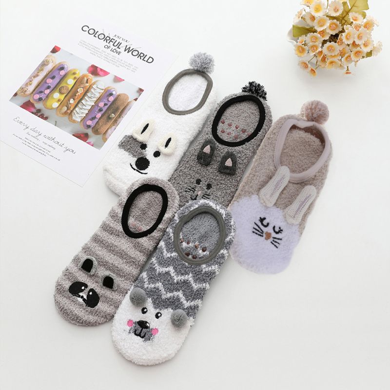 1Pair Lady Winter Warm Slipper Socks Cartoon Animal Embroidery Coral Velvet Sock Y5GC