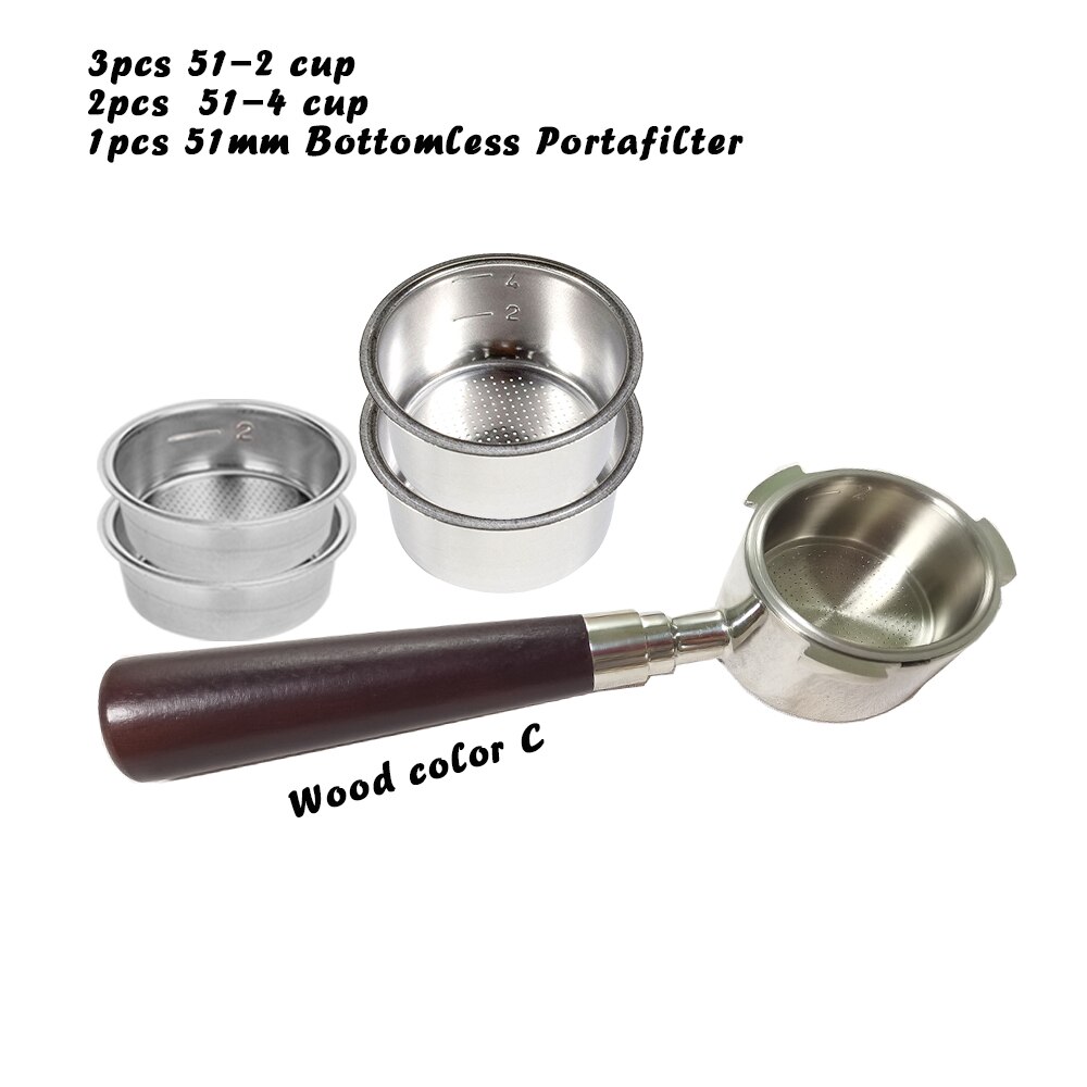 Juego de cesta de café portafiltro sin fondo, 51mm, 6 uds., juego de café Espresso, Breville Delonghi Krups, soporte de filtro con mango de madera: C color