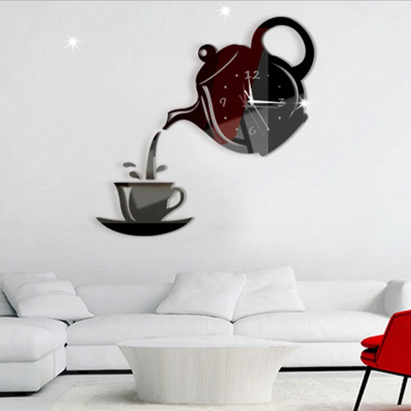 3D DIY Coffee Time Clock Acrylic Wall Clock Modern for Kitchen Home Decor Cup Shape Wall Sticker Hollow Numeral Clock DA406: Black B