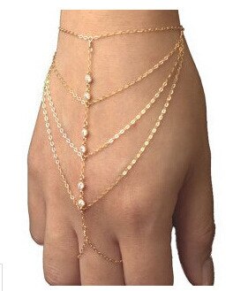 Célébrité Multi chaîne gland bracelet esclave doigt anneau main chaîne harnais or ns89