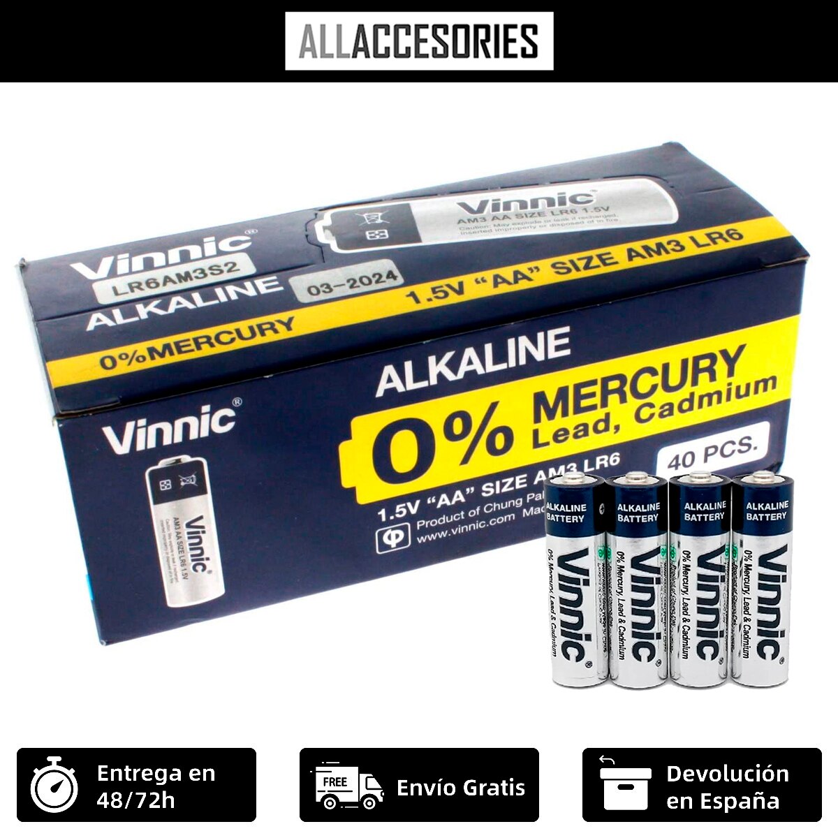 Pilas Vinnic bateria original Alcalina Tipo AA LR6 en blister 40X Unidades