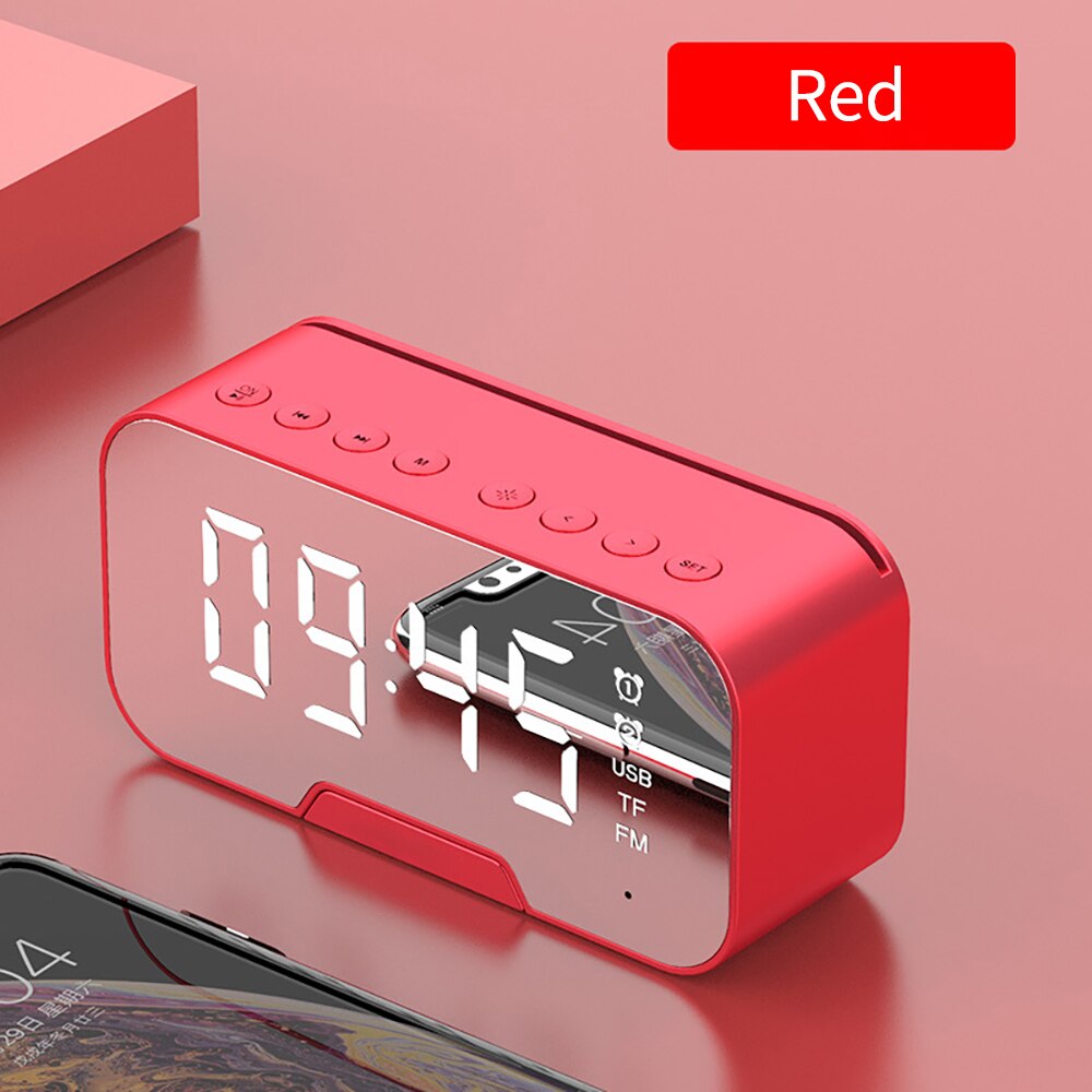 Bluetooth Speaker Met Fm Radio Led Spiegel Wekker Subwoofer Muziekspeler Snooze Desktop Klok Draadloze: red