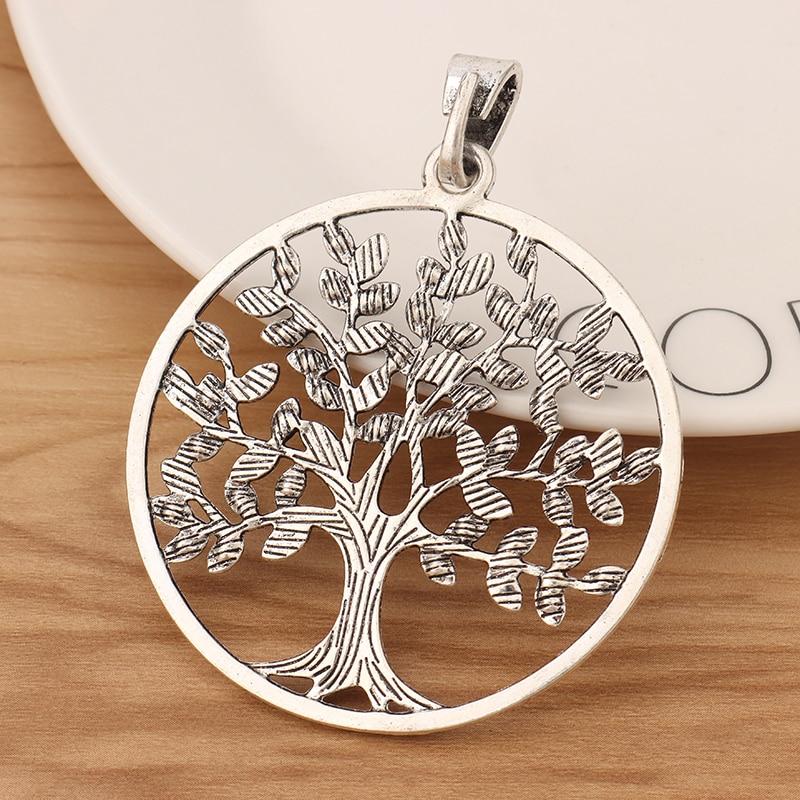 Abalorios redondos de árbol grande de plata tibetana, colgante para collar, fabricación de joyas, 75x59mm, 2 piezas