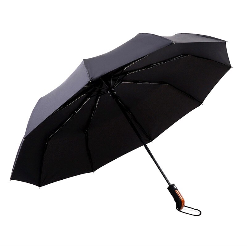 Automatic Umbrella Leather Imitation Wooden Handle Ten Bones Large Men's Business Pure Black Automatic Three Folding Umbrella