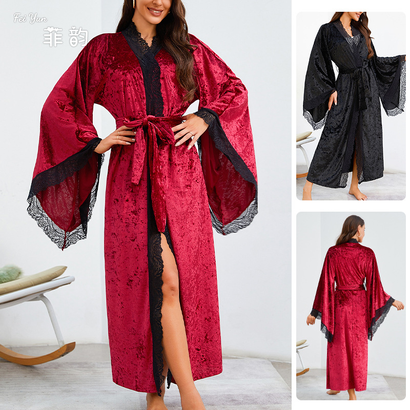 Blondekimono intimundertøy velourmorkåpe dame lang nattkjole nattøy bryllup brud fest loungewear nattøy