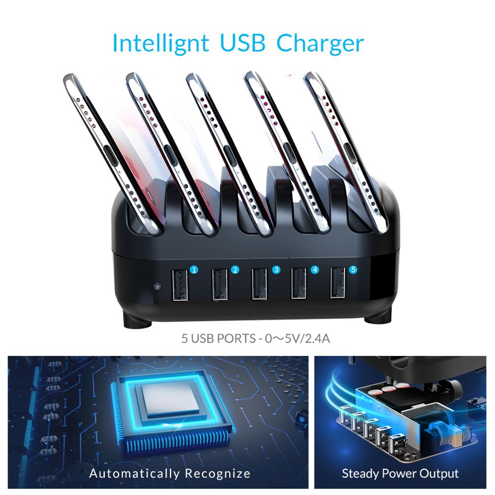 Orico 5 Port Usb Charger Station Dock Met Telefoon Of Tablet Houder 40W 5V2.4A * 5 Usb Opladen Voor iphone Pad Pc Kindle Tablet