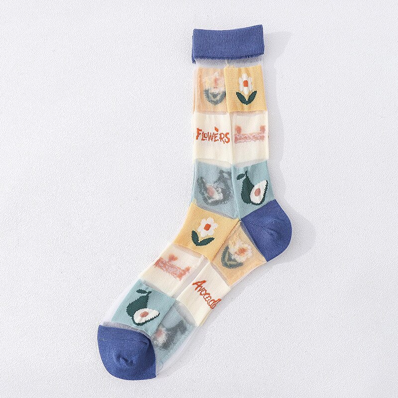 Newest Crystal Silk Tide Socks Gril Women Harajuku Funny Casual Fruit Avocado Pineapple Watermelon Happy Socks Sox: Blue avocado