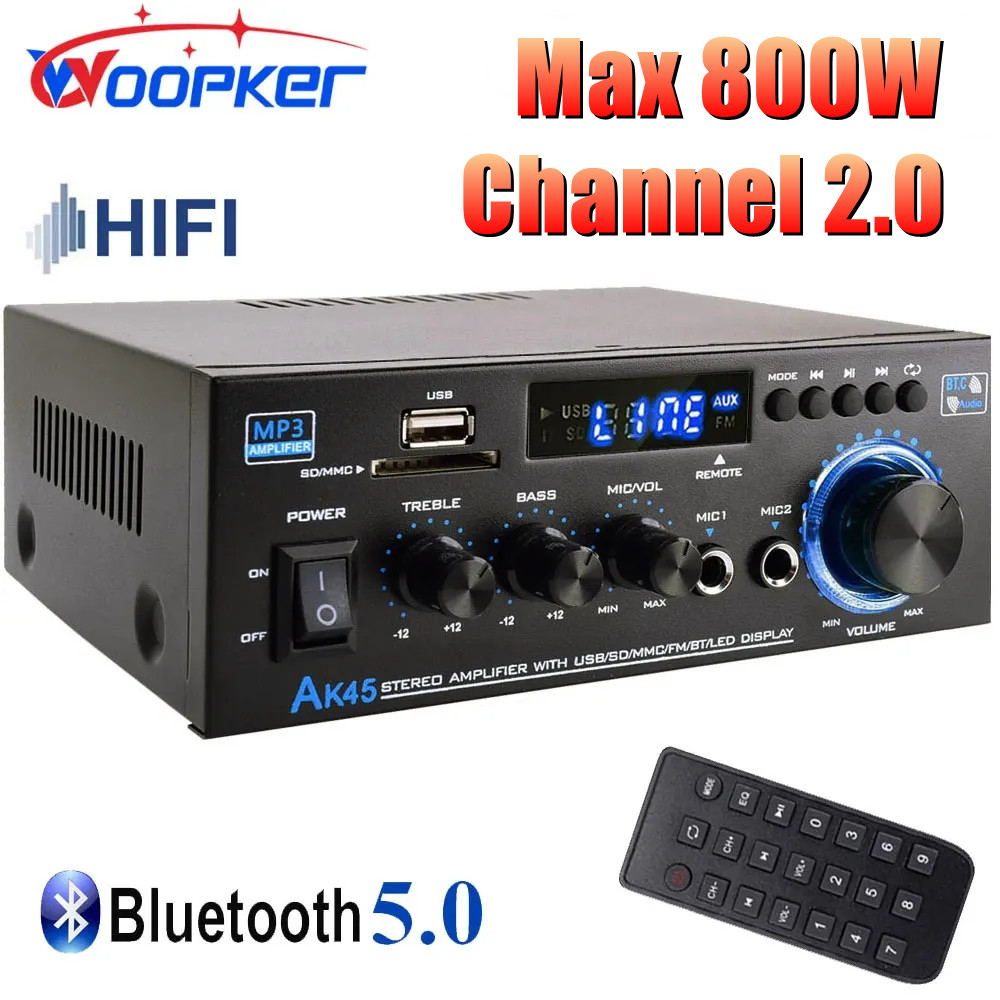 Woopker HiFi Digital Amplifier AK45 Bluetooth MP3 Channel 2.0 Sound AMP Support 90V-240V for Home Car MAX 400W*2