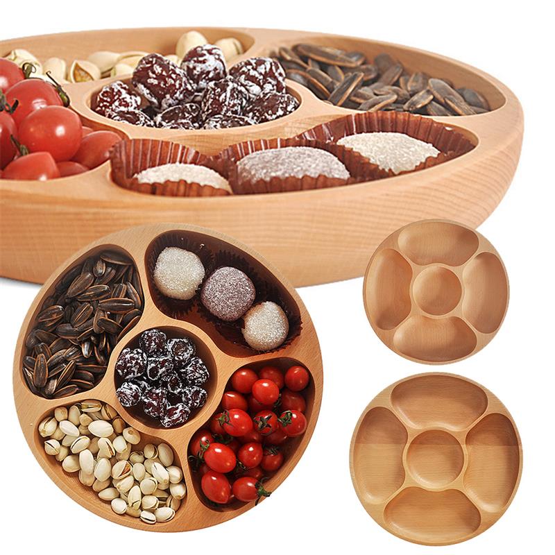 Bandeja de partición de madera de 25/30cm para el hogar, 5 compartimentos, plato para frutos secos, plato dividido de madera Natural con forma redonda