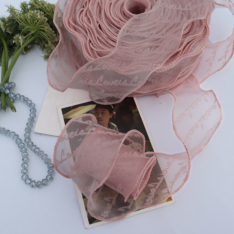 Cinta de Organza con estampado de letras flocadas, borde ondulado para envolver artesanales, decoración del hogar y , 55mm, 5 yardas/lote: Han-pink