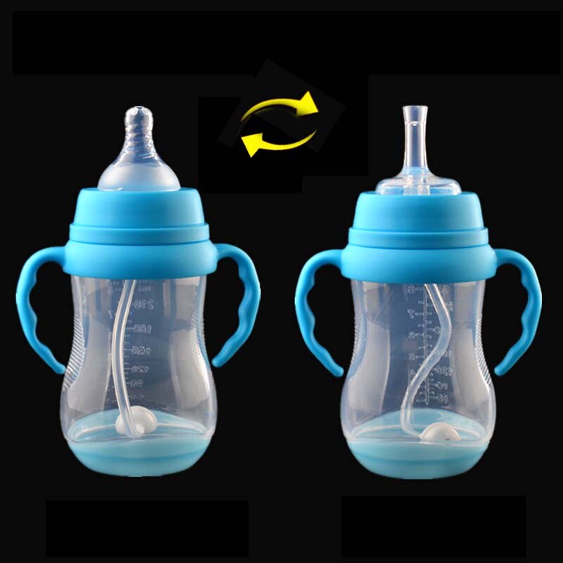 2 Use Baby Feeding Bottle with Handle Wide Mouth Nursing Bottle Automatic Nipple Breast Milk Feeding Bottle with Straw 330ml