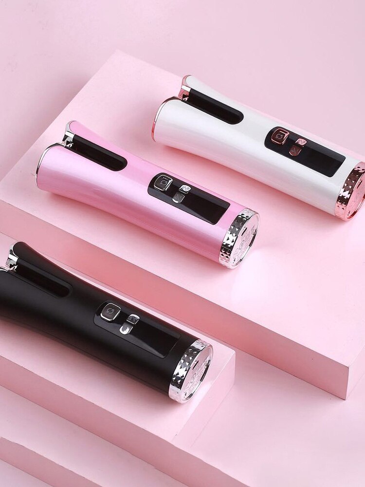Wireless Automatic Hair Curler Cordless Rotating Curling Iron Stick LED Display Temperature Adjustable Wave styling Curler Wand: Pink