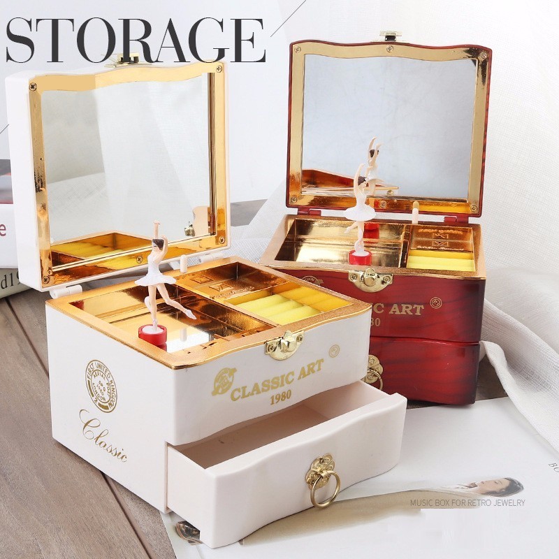 Caja de música con forma de bailarina giratoria clásica para niñas, mecanismo de manivela de mano para , joyería de plástico con mecanismo de relojería