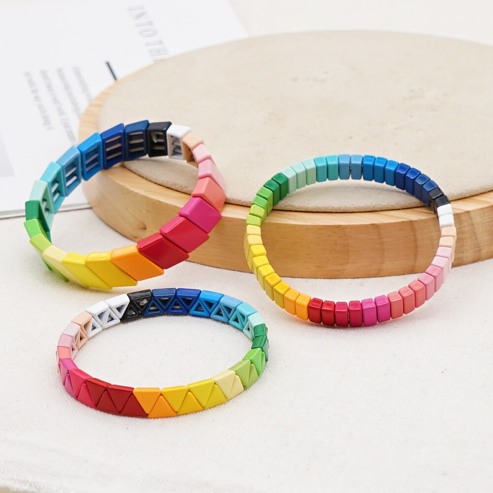 Shinus Emaille Tegel Armband Vrouwen Sieraden Boho Chic Armband Stretch Vriendschap Regenboog Kralen Armband Pulsera Sieraden