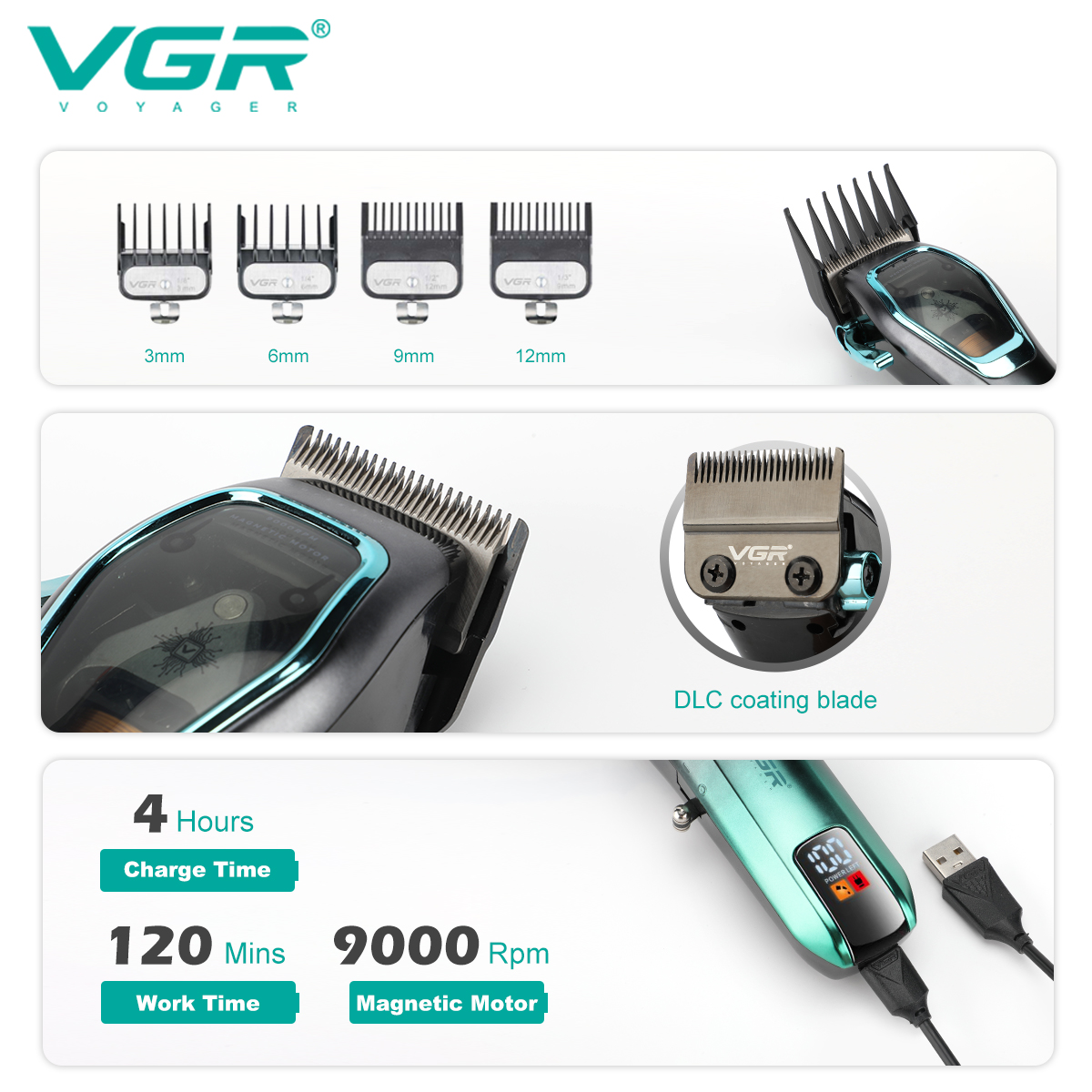 Vgr hårklipper hårtrimmer 9000 o/min hårklippemaskin justerbar barber hårklipp led trimmer for menn v -674