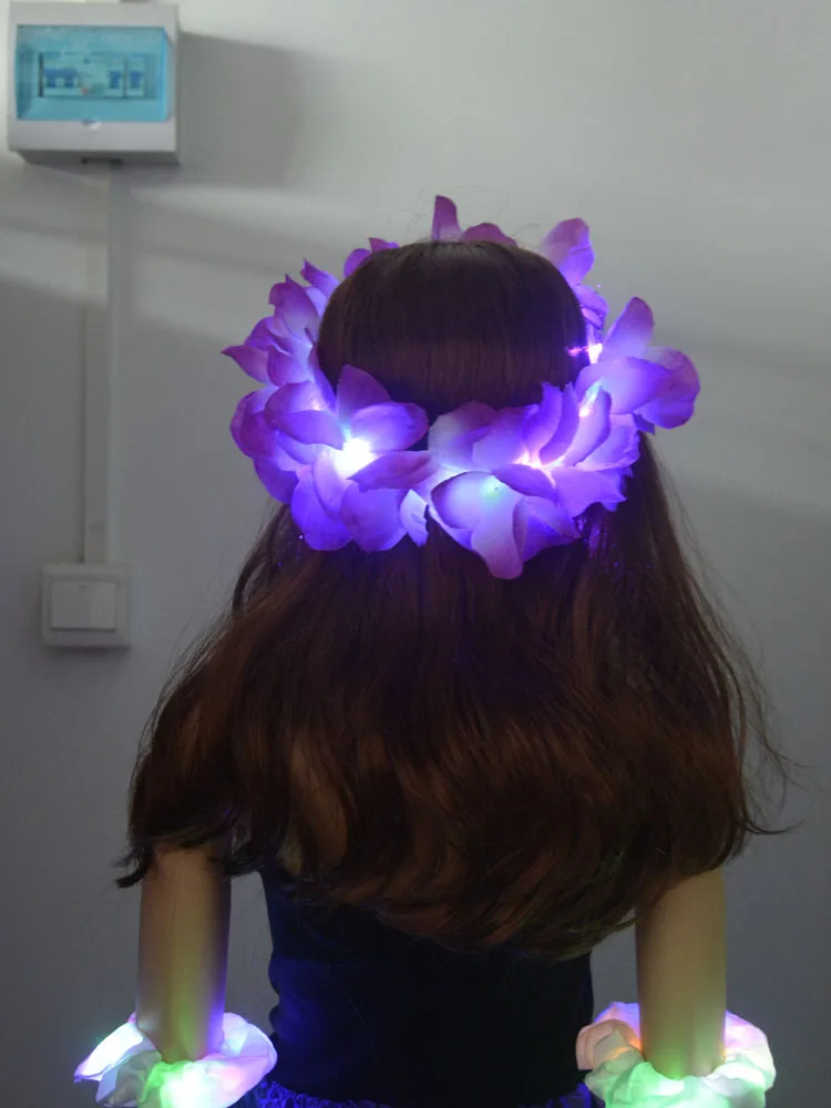 Women Girl Glow Party LED Hawaiian Lei Headband Light Up Flower Ribbon Crown Birthday Wedding Festival