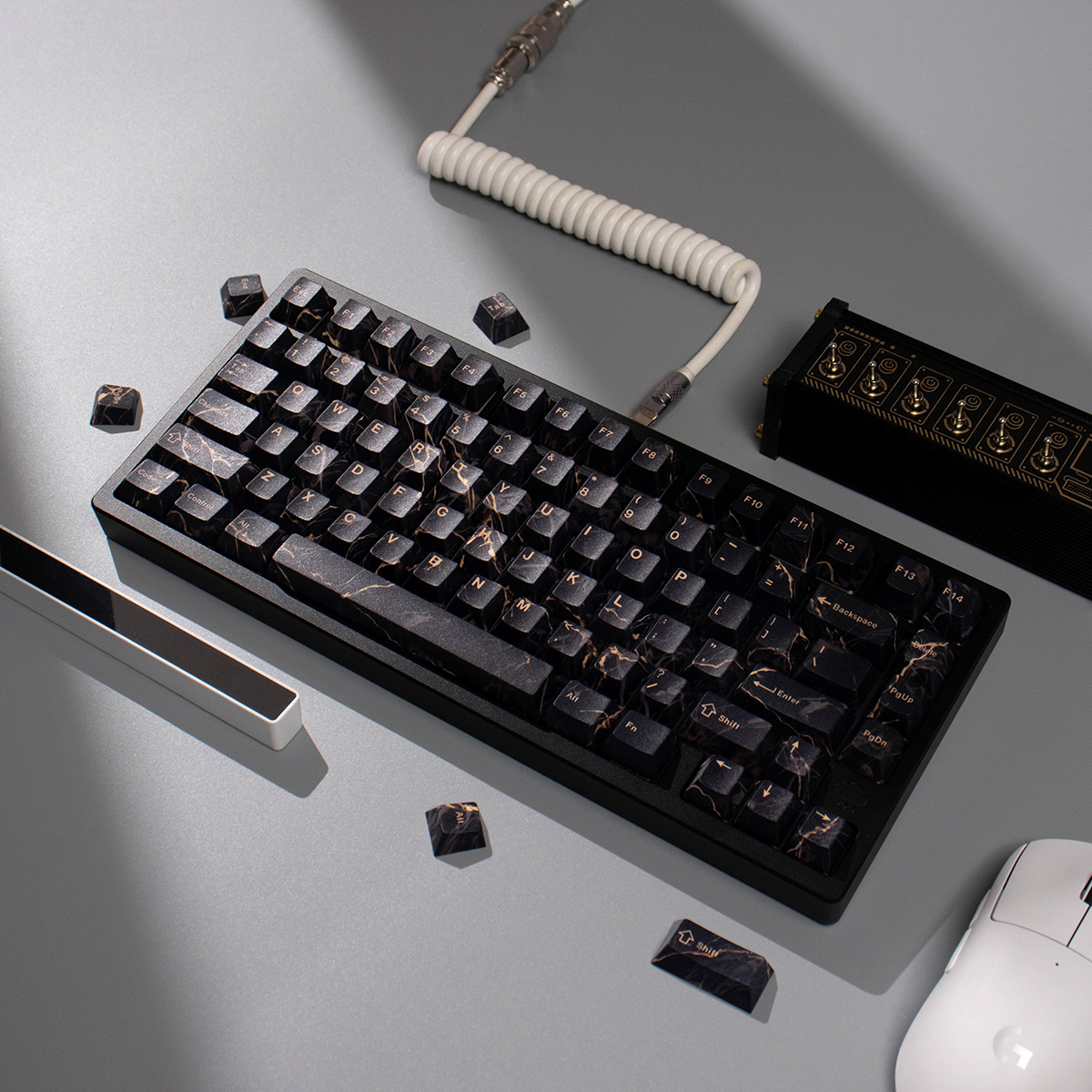 Black Marble Keycap Set 152 Keys PBT 5-Sided Dye Cherry Profile MX Switch Fit 61%-108% Custom Mechanical Keyboard Keycaps