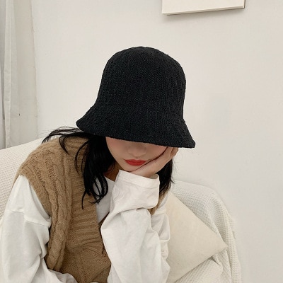 Bomuldsgarn spand hat til kvinder pige solid panama fiskekapsler efterår udendørs flade fisker hatte motorhjelm femme: Sort