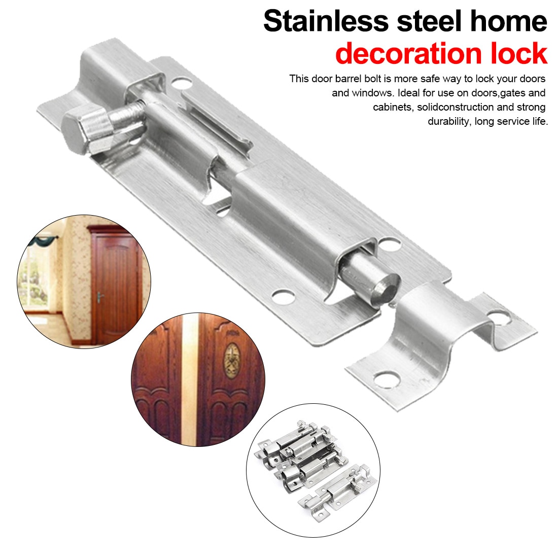 1PCS Stainless Steel Home decoration door Latch 1.5/2/3/4/6/8/10/12 Inch Long Silver window latch Sliding Lock Barrel Bolt Latch