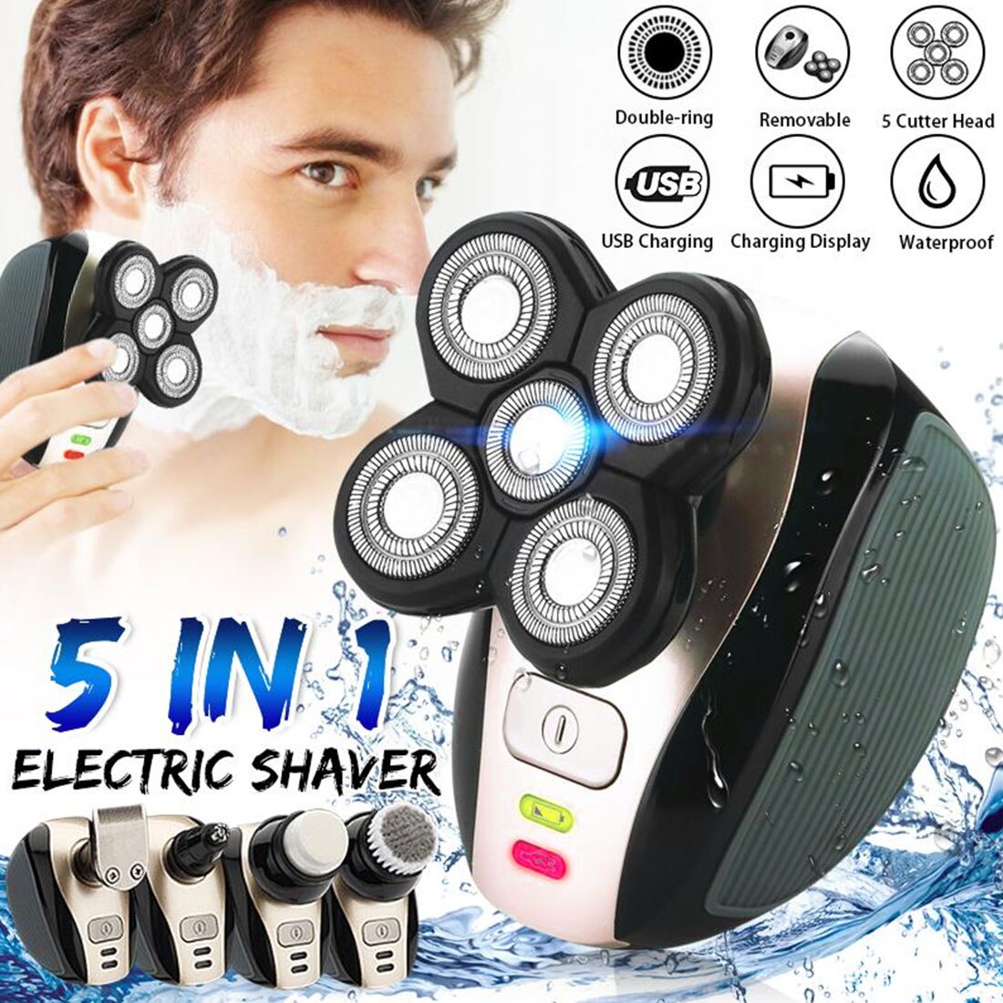 5 en 1 rasoir électrique Rechargeable 5 têtes flottantes rasoirs tondeuse à cheveux nez oreille cheveux tondeuse à barbe hommes brosse de nettoyage du visage
