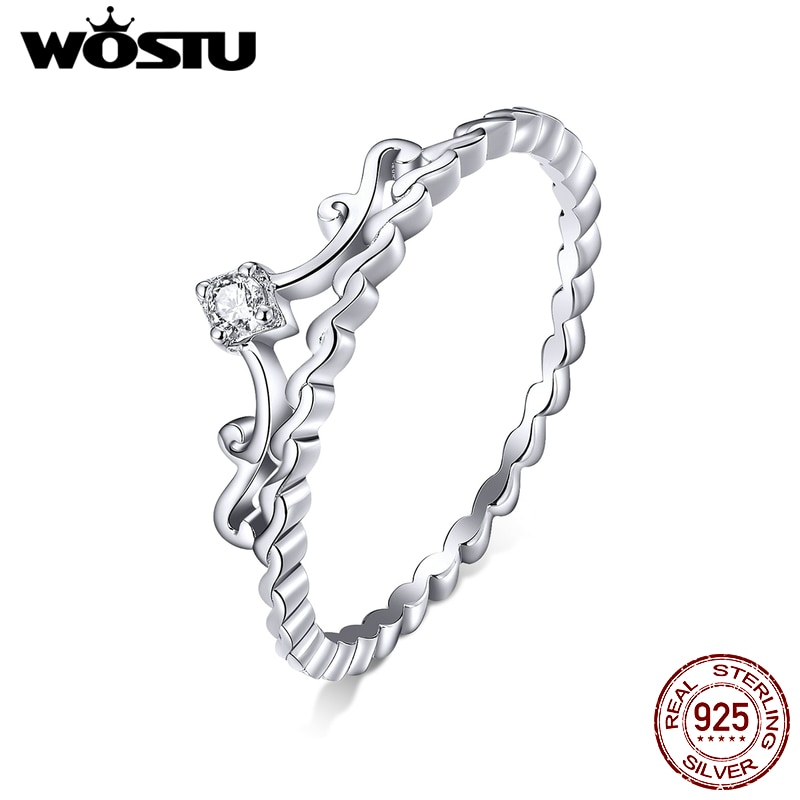 Wostu 925 Sterling Zilveren Kroon Ringen Dazzling Zirkoon Wedding Ring Vinger Voor Vrouwen Engagement Sieraden CTR099