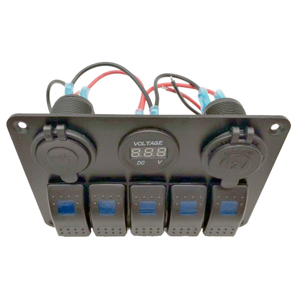 5 Gang Switch Panel Dual USB Wiring Kits DC12V~24V Power Socket Marine Boat Car Switch Panel