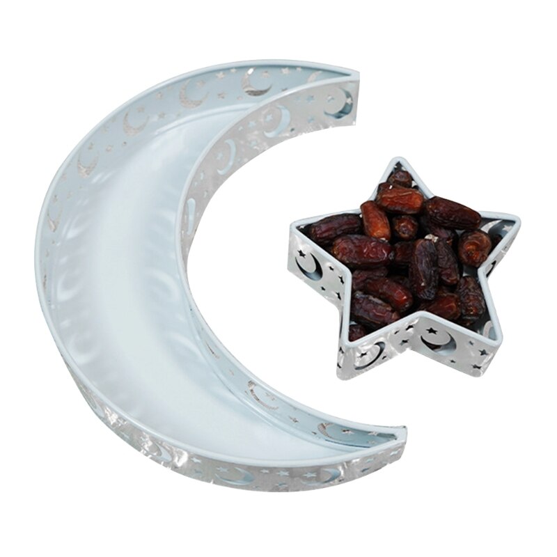 Eid Mubarak Moon Star Dienblad Servies Dessert Voedsel Opslag Container Ramadan Moslim Islamitische Party Supply: Silver