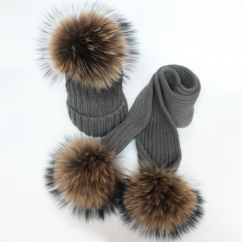 Ouder-kind Winter hoeden Schattige Baby bont Pompon Hoed Sjaal Sets Echte Natuurlijke Haarbal Caps Moeder Kinderen Warme Gebreide Hoeden Winter Bea: M / Ivoor